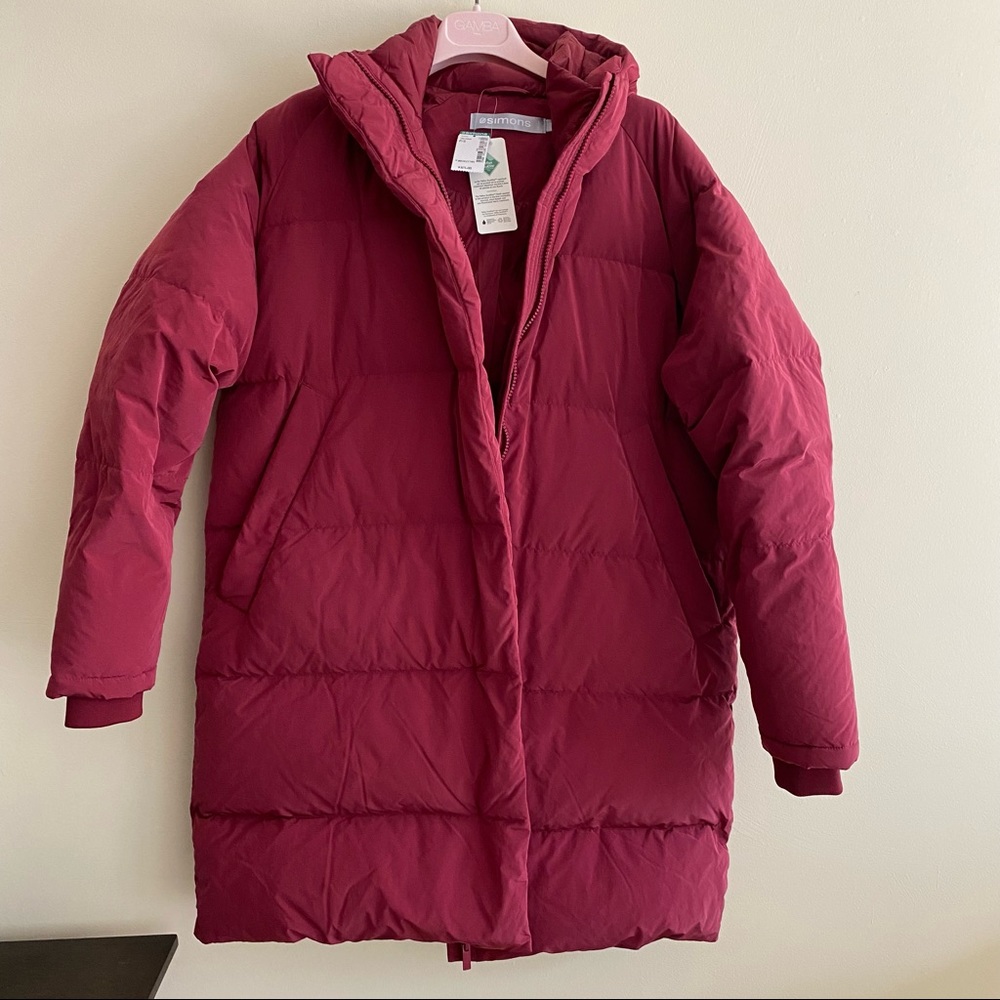 mid length red puffer jacket